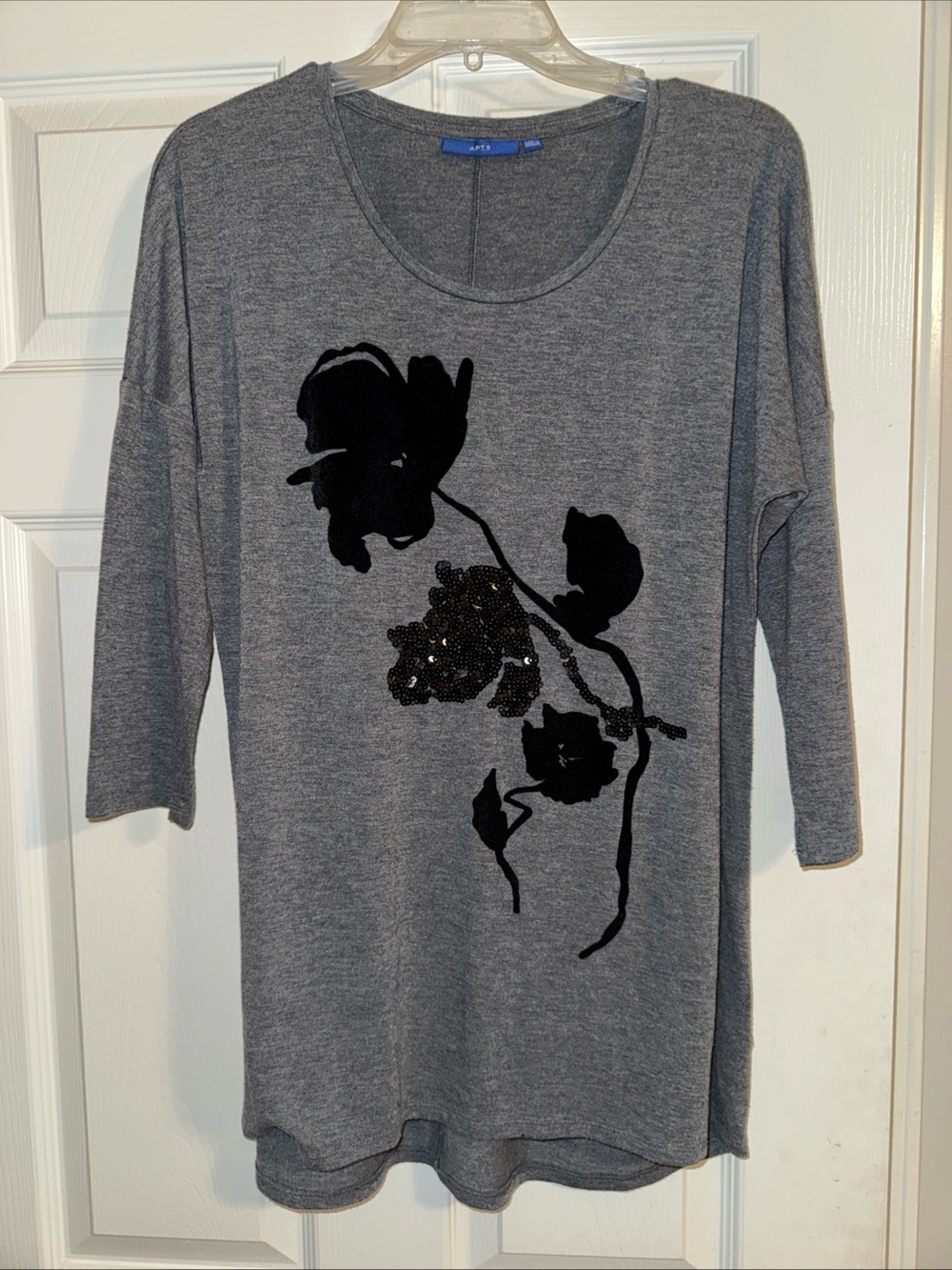 Apt. 9 Gray Long-Sleeve Tee with Black Floral Sequin Accent